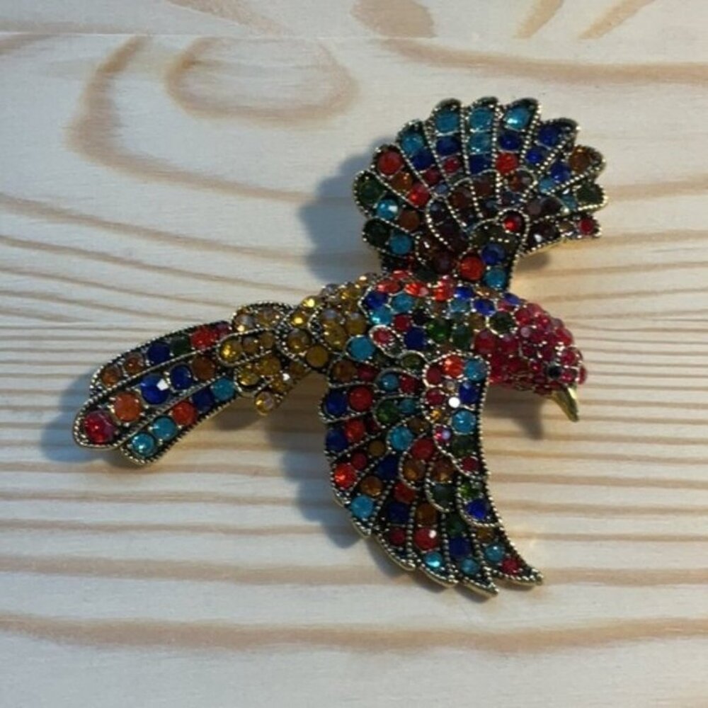 Multicolored Rhinestone Bird Brooch Pin Gold-Tone Metal